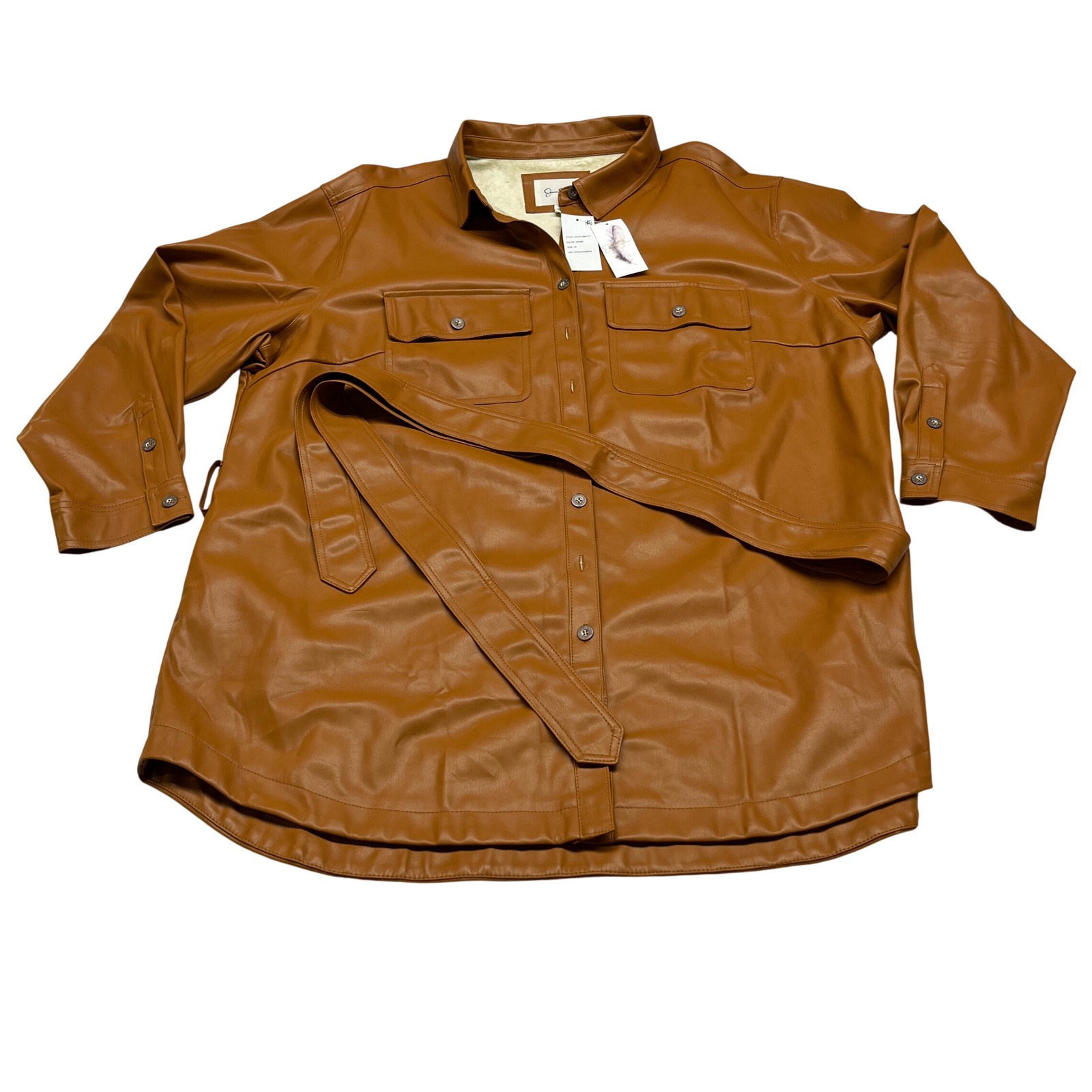 Jessica Simpson Paula Womens Shacket 3x Adobe Faux Leather Belted Button Front